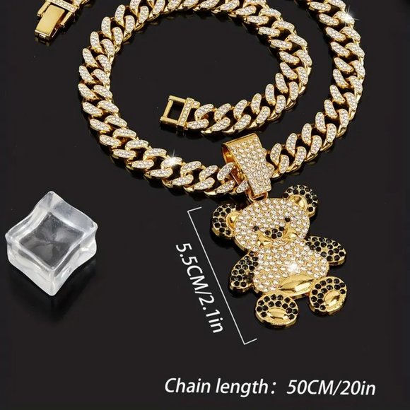 Ladies Hip Hop Cute Bear Pendant Rhinestone Cuban Chain Necklace Animal Shiny - Picture 2 of 4
